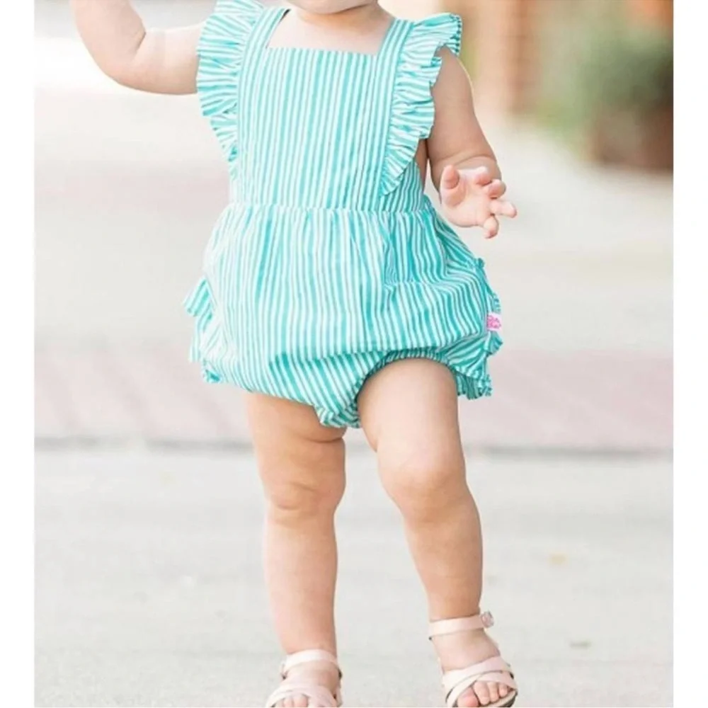 NWT Ruffle Butts Bella Aqua Blue Stripe Bubble Romper W/ Headband Sz 6-12M